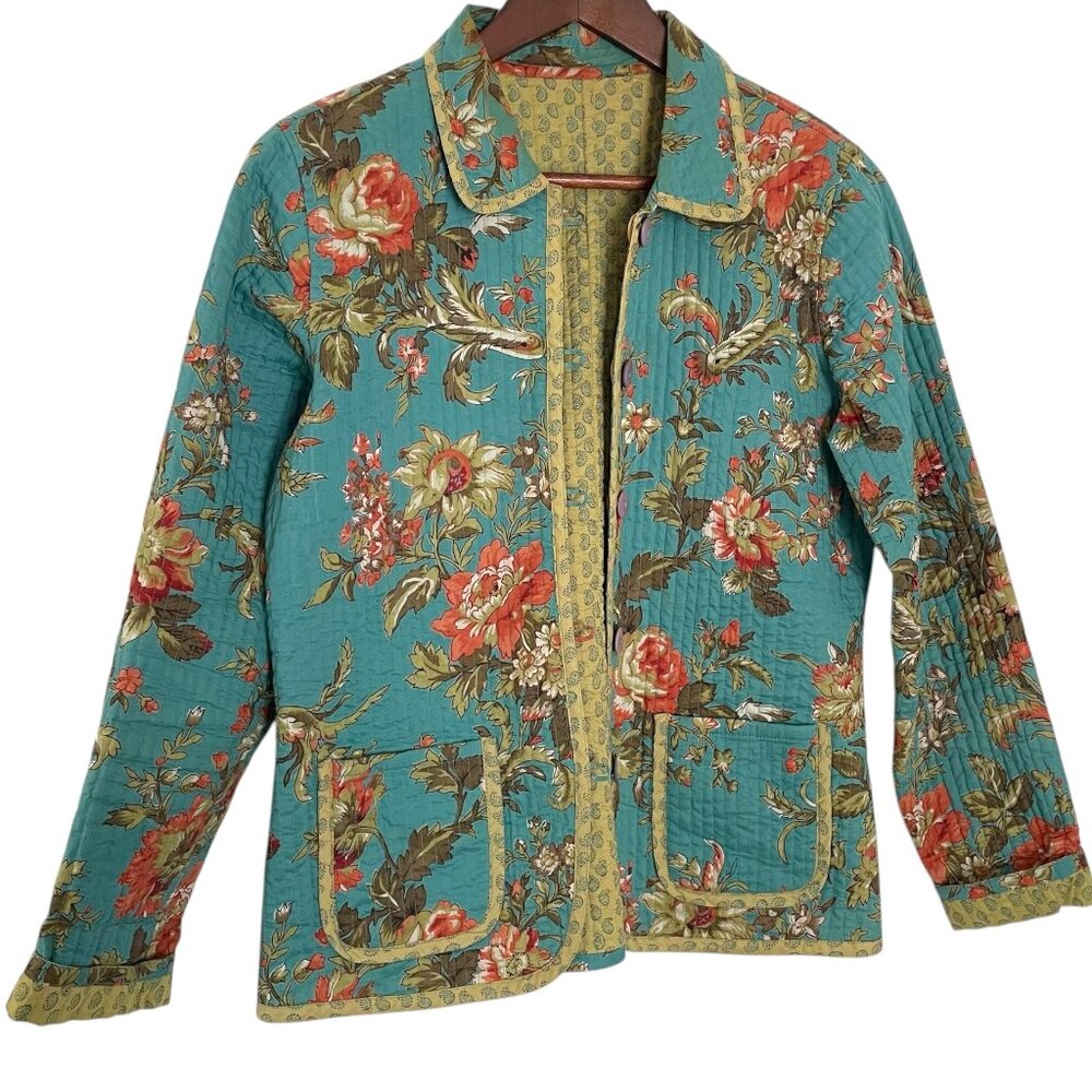 Provence d'Amour Quilted Reversible Barn Jacket S Blue Green Floral Paisley Coat